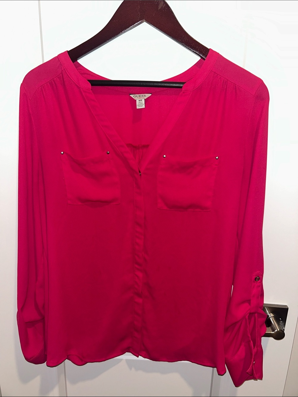Guess Fuchsia Button-Front Long Sleeve Blouse Size M